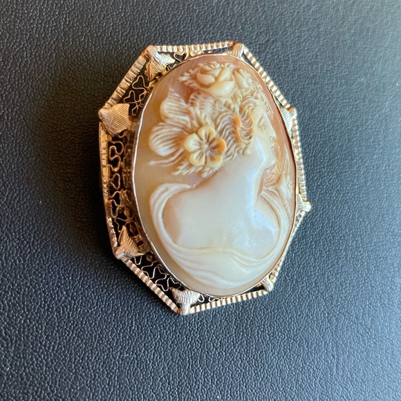 *HP* Antique Victorian 14k white gold filigree cameo hand carved brooch pendant - Picture 3 of 15